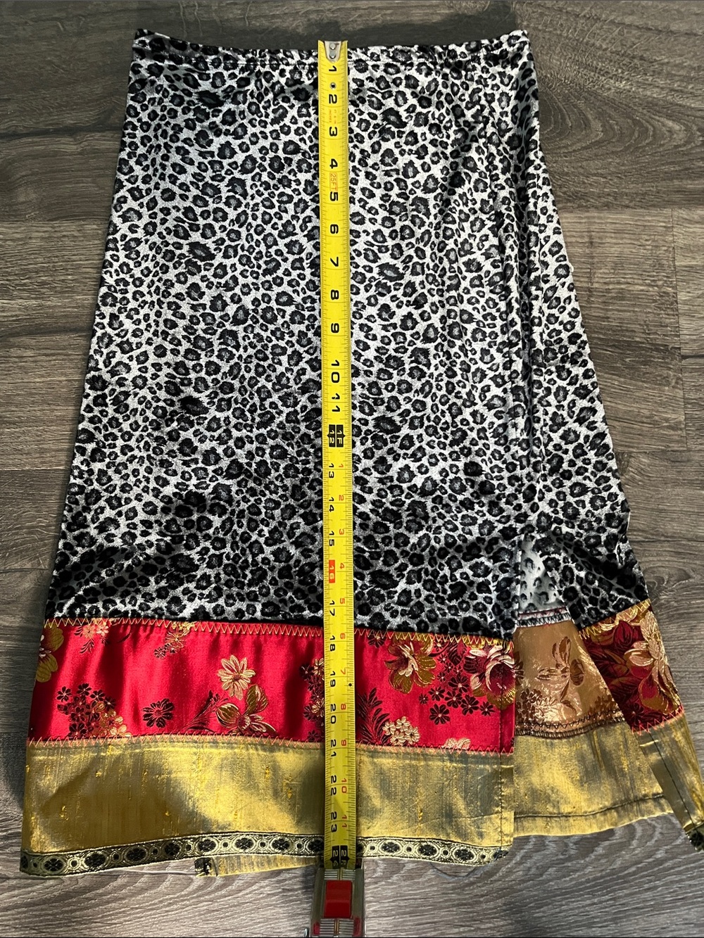 Black Velvet Leopard Print Maxi Skirt with Red Floral Hem - Picture 2 of 4